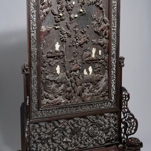 A large Chinese carved zitan wood panel with jade and turquoise, set in a hongmu wood frame and stand, Qianlong — photo 12