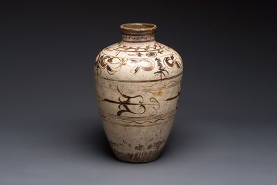 A large Chinese Cizhou ware slip-glazed wine jar, Ming