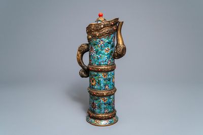 A large Chinese cloisonné and inlaid gilt bronze 'Duomuhu' ewer, Republic, 20th C.
