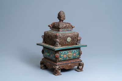 A large Chinese cloisonné censer with jade, coral and turquoise inlay, 19th C.