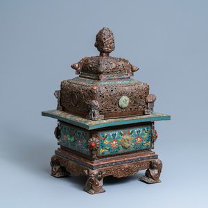 A large Chinese cloisonné censer with jade, coral and turquoise inlay, 19th C. — 照片 1