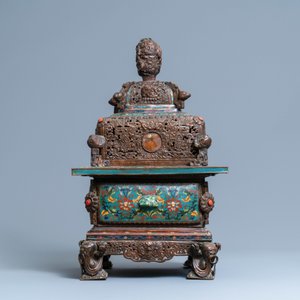 A large Chinese cloisonné censer with jade, coral and turquoise inlay, 19th C. — 照片 5