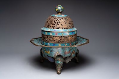 A large Chinese cloisonné tripod censer and cover, 19th C.