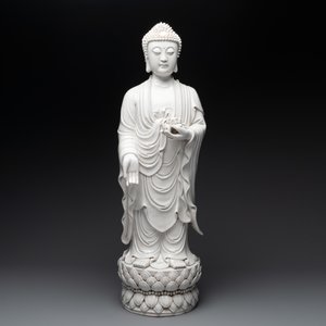 A large Chinese Dehua blanc de Chine figure of Buddha holding a lotus, He Chaozong 何朝宗 and Dehua 德化 mark, 20th C. — foto 2