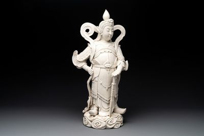 A large Chinese Dehua blanc de Chine figure of Weituo, He Chaozong 何朝宗 and Dehua 德化 mark, 20th C.