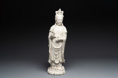 A large Chinese Dehua blanc de Chine Guanyin, He Chaozong and Xuande mark, Republic