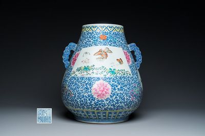 A large Chinese doucai-rose 'hu' vase with butterflies and birds, Qianlong mark but probably later
