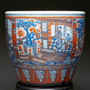 A large Chinese European-decorated blue and white fish bowl with narrative design, on a later wooden stand, Kangxi — photo 12