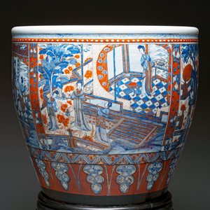 A large Chinese European-decorated blue and white fish bowl with narrative design, on a later wooden stand, Kangxi — photo 14