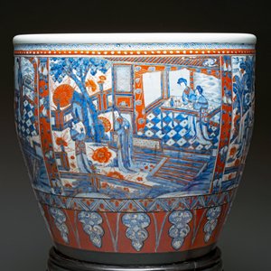 A large Chinese European-decorated blue and white fish bowl with narrative design, on a later wooden stand, Kangxi — photo 16