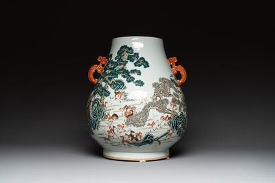 A large Chinese famille rose '100 deer' 'hu' vase, Qianlong mark, 19th C.
