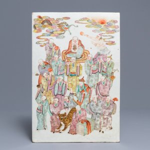 A large Chinese famille rose '18 Luohan' plaque, 19th C. — photo 1