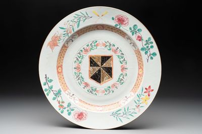 A large Chinese famille rose armorial dish with the arms of Campbell for the English market, Yongzheng/Qianlong