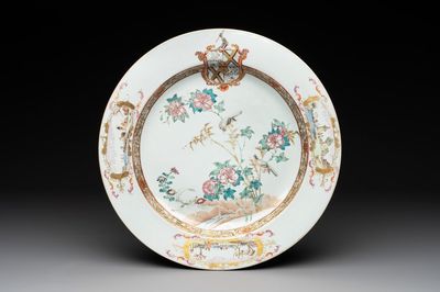 A large Chinese famille rose armorial plate with the arms of Thompson, Qianlong, ca. 1740-1760