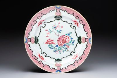 A large Chinese famille rose bianco-sopra-bianco 'peonies' dish, Yongzheng