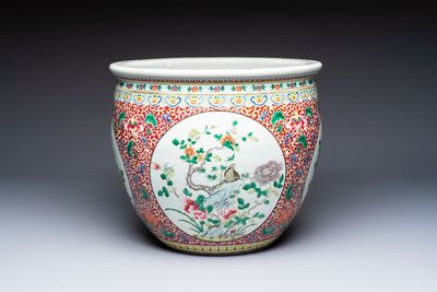 A large Chinese famille rose 'Bird among Flowering Branches' scroll pot, 19th C.
