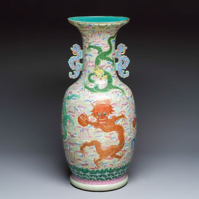 A large Chinese famille rose celadon-ground 'Dragon' vase, 19th C.