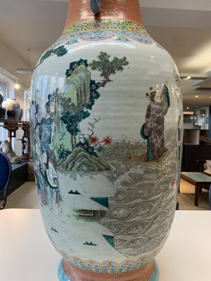 A large Chinese famille rose coral-red-ground  'Eight Immortals' vase, Qianlong mark, 19th C. — photo 12
