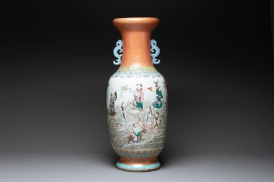 A large Chinese famille rose coral-red-ground 'Eight Immortals' vase, Qianlong mark, 19th C.