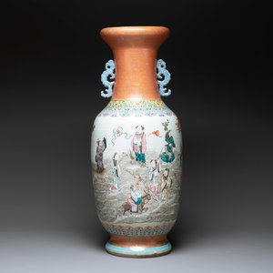 A large Chinese famille rose coral-red-ground  'Eight Immortals' vase, Qianlong mark, 19th C. — photo 1