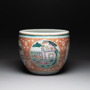 A large Chinese famille rose coral-red-ground fish bowl with narrative design, 19th C. — photo 4