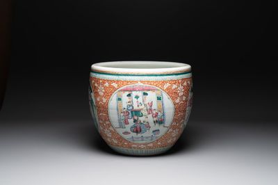 A large Chinese famille rose coral-red-ground fish bowl with narrative design, 19th C.