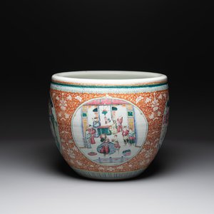 A large Chinese famille rose coral-red-ground fish bowl with narrative design, 19th C. — photo 1