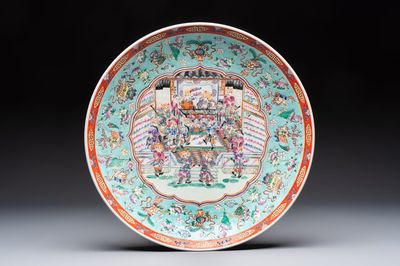A large Chinese famille rose dish with narrative design, Jiaqing mark, 20th C.