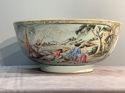 A large Chinese famille rose export porcelain 'European subject' bowl, Qianlong — photo 1