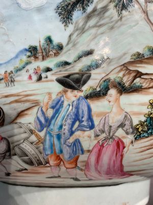A large Chinese famille rose export porcelain 'European subject' bowl, Qianlong — photo 7