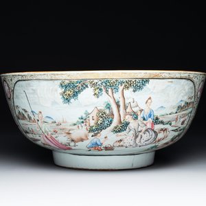 A large Chinese famille rose export porcelain 'European subject' bowl, Qianlong — photo 1