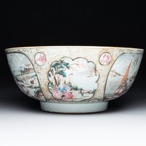 A large Chinese famille rose export porcelain 'European subject' bowl, Qianlong — photo 4