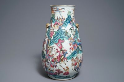 A large Chinese famille rose hu vase with warrior scenes, 19th C.