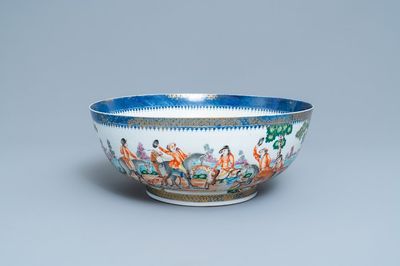 A large Chinese famille rose 'hunting' bowl for the European market, Qianlong