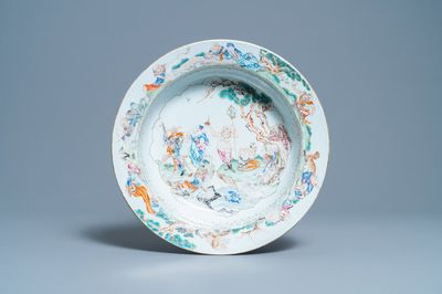 A large Chinese famille rose 'immortals' basin, Yongzheng/Qianlong