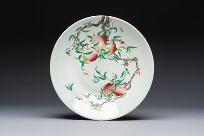 A large Chinese famille rose 'Nine Peaches' dish, Qianlong mark, 20th C.
