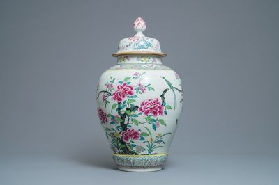 A large Chinese famille rose vase and cover with a bird on blossoming branches, Yongzheng