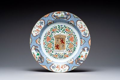 A large Chinese famille verte armorial 'Provinces' dish with the arms of Henegouw, Kangxi