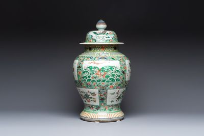 A large Chinese famille verte baluster vase and cover with animals, flowers and antiquities, Chenghua mark, 19th C.