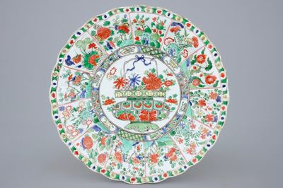 A large Chinese famille verte dish with a flower basket, Kangxi