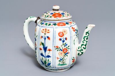 A large Chinese famille verte melon-shaped teapot and cover, Kangxi
