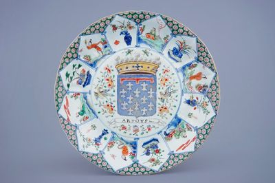 A large Chinese famille verte "Provinces" dish with the arms of Artoys, Kangxi/Yongzheng, ca. 1720
