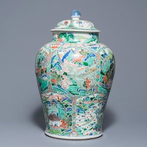 A large Chinese famille verte vase and cover with figures in fluvial landscapes, Kangxi — photo 1