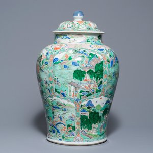 A large Chinese famille verte vase and cover with figures in fluvial landscapes, Kangxi — photo 3