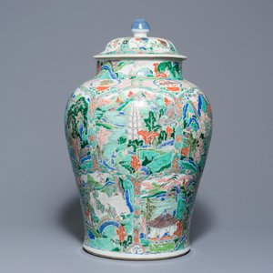 A large Chinese famille verte vase and cover with figures in fluvial landscapes, Kangxi — photo 5