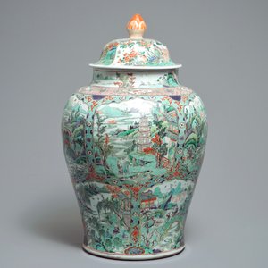 A large Chinese famille verte vase and cover with figures in fluvial landscapes, Kangxi — photo 5