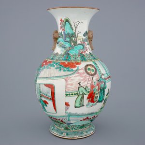 A large Chinese famille verte vase with a continuous scene and elephant handles, 19th C. — 照片 3