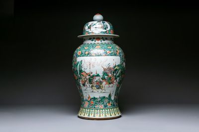 A large Chinese famille verte 'warriors on horseback' vase and cover, 19th C.