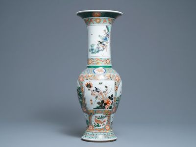 A large Chinese famille verte yenyen vase with animals and flowers, 19th C.