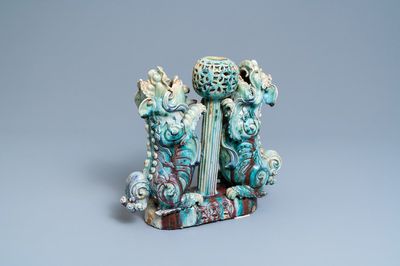 A large Chinese flambé-glazed Shiwan pottery incense burner with Buddhist lions, 19th C.